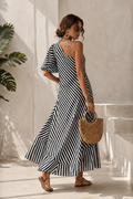 Vestido Maxi Asimetrico Un Hombro Rayas Bolsillos