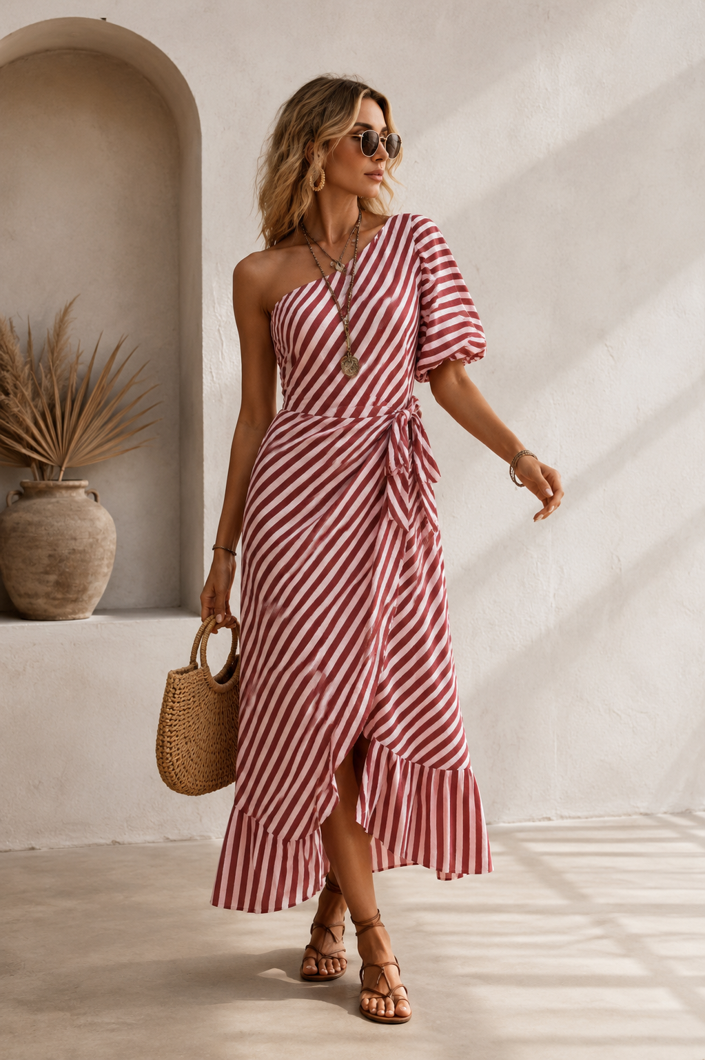 Vestido Maxi Asimetrico Un Hombro Rayas Bolsillos