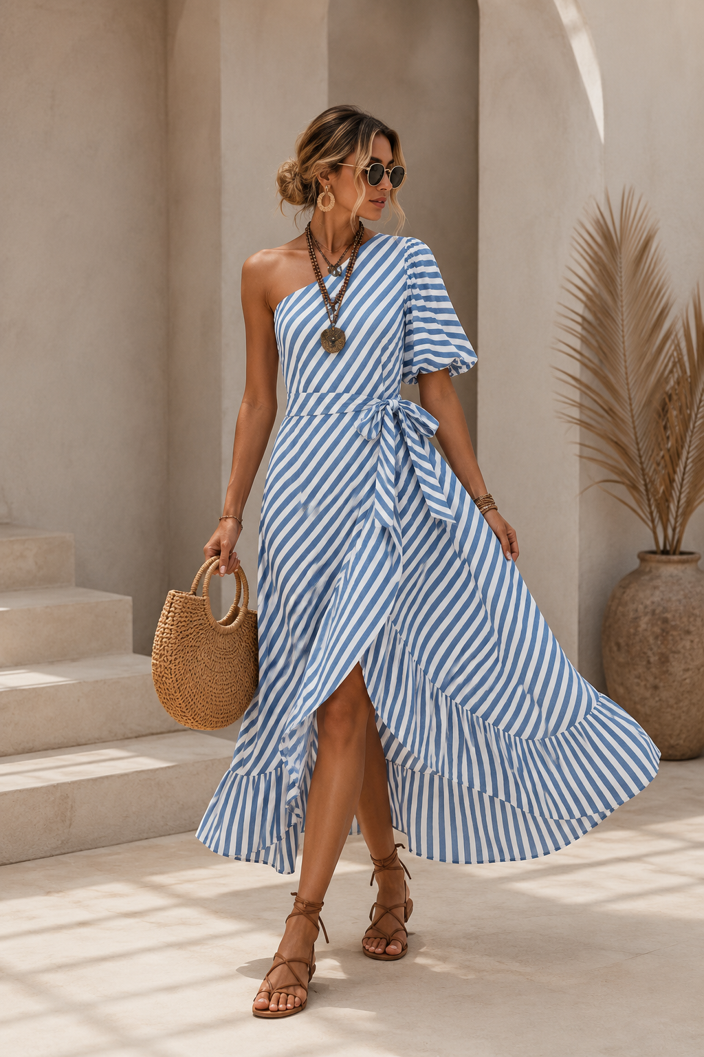 Vestido Maxi Asimetrico Un Hombro Rayas Bolsillos