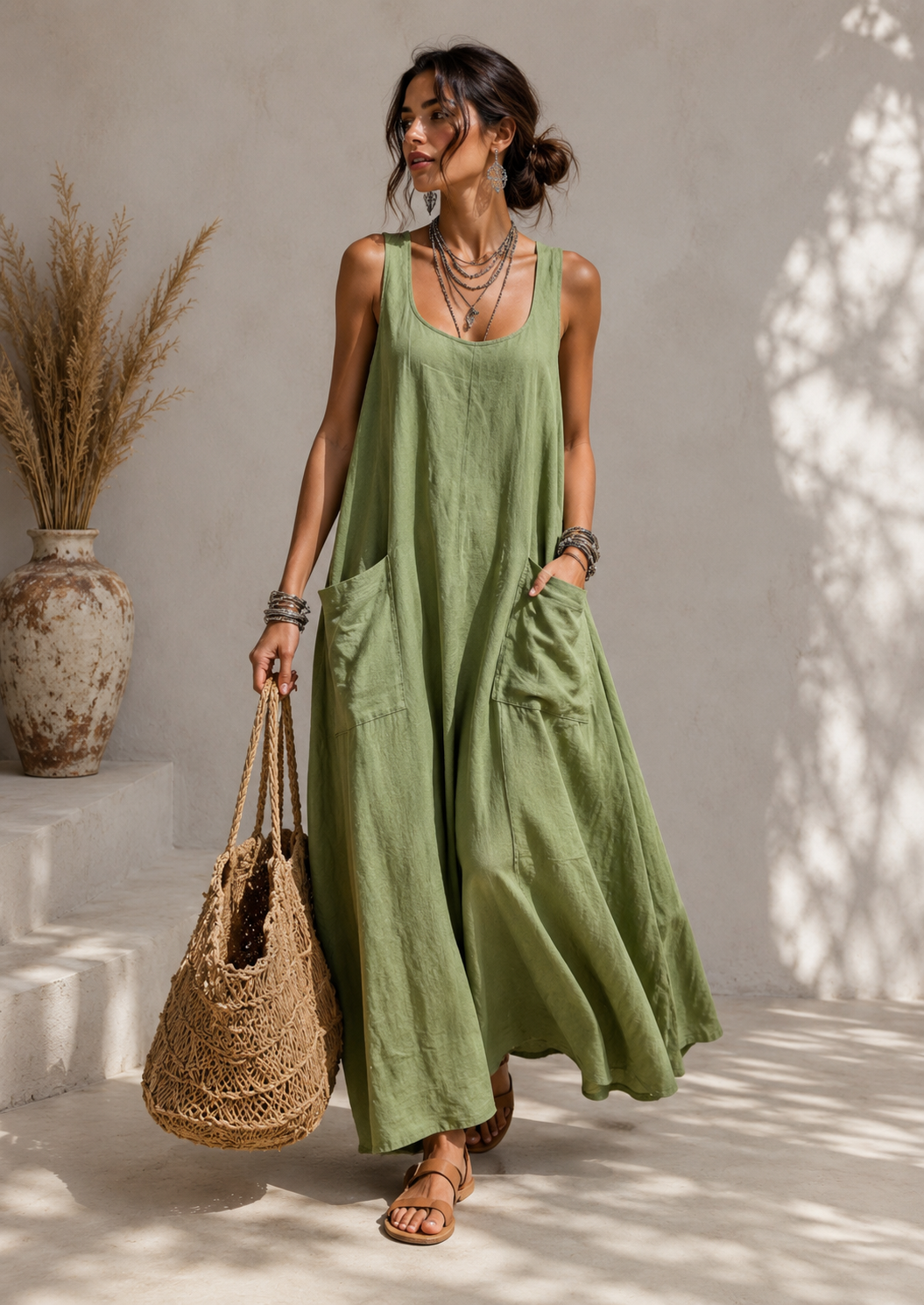 Vestido Largo Camisero Bolsillos Suelto