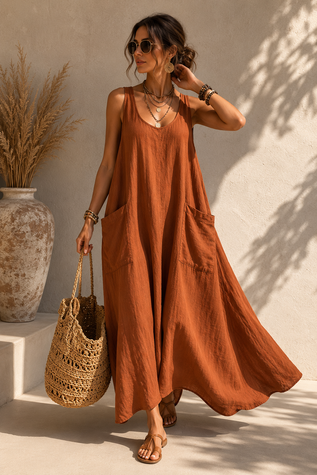 Vestido Largo Camisero Bolsillos Suelto