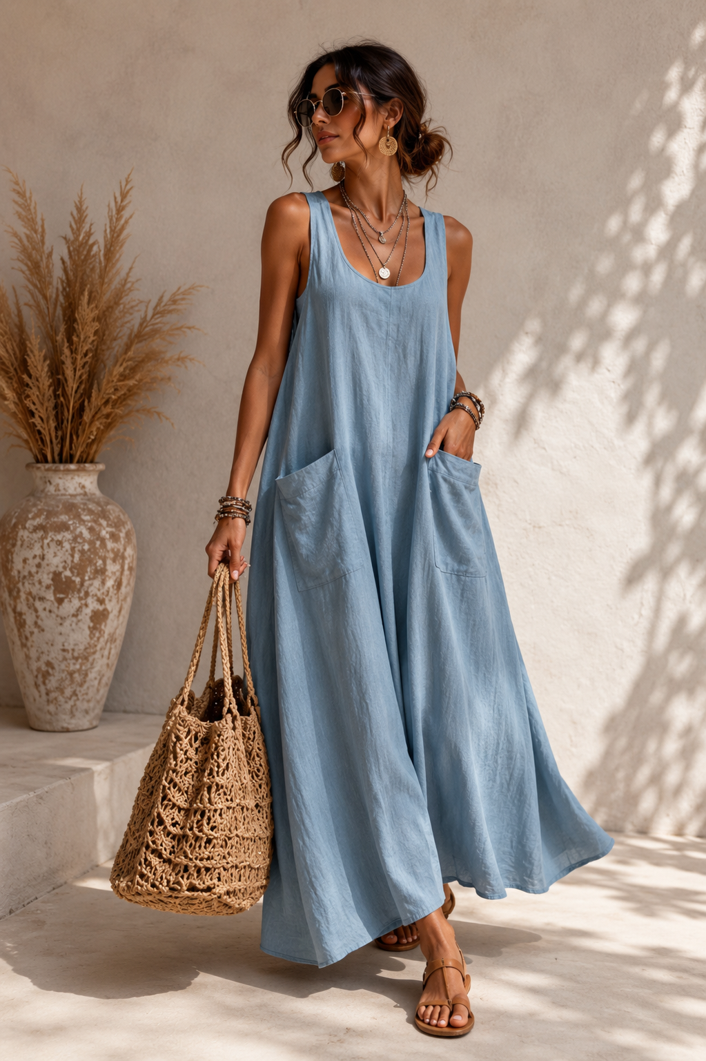 Vestido Largo Camisero Bolsillos Suelto
