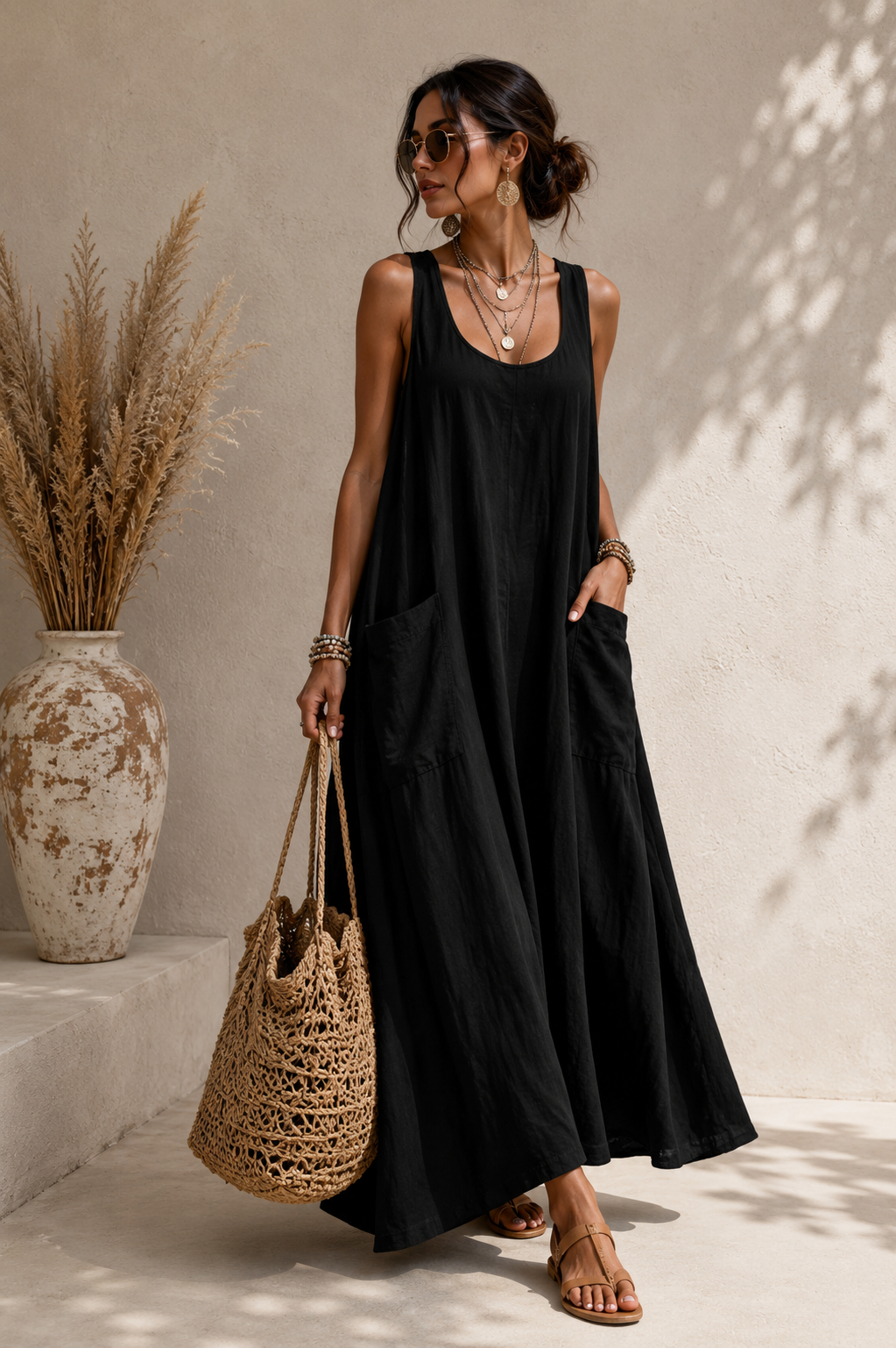 Vestido Largo Camisero Bolsillos Suelto