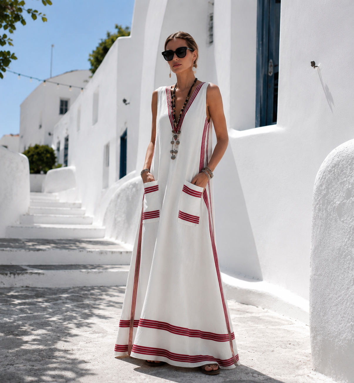 Vestido Maxi Suelto Estampado Geometrico Sin Mangas