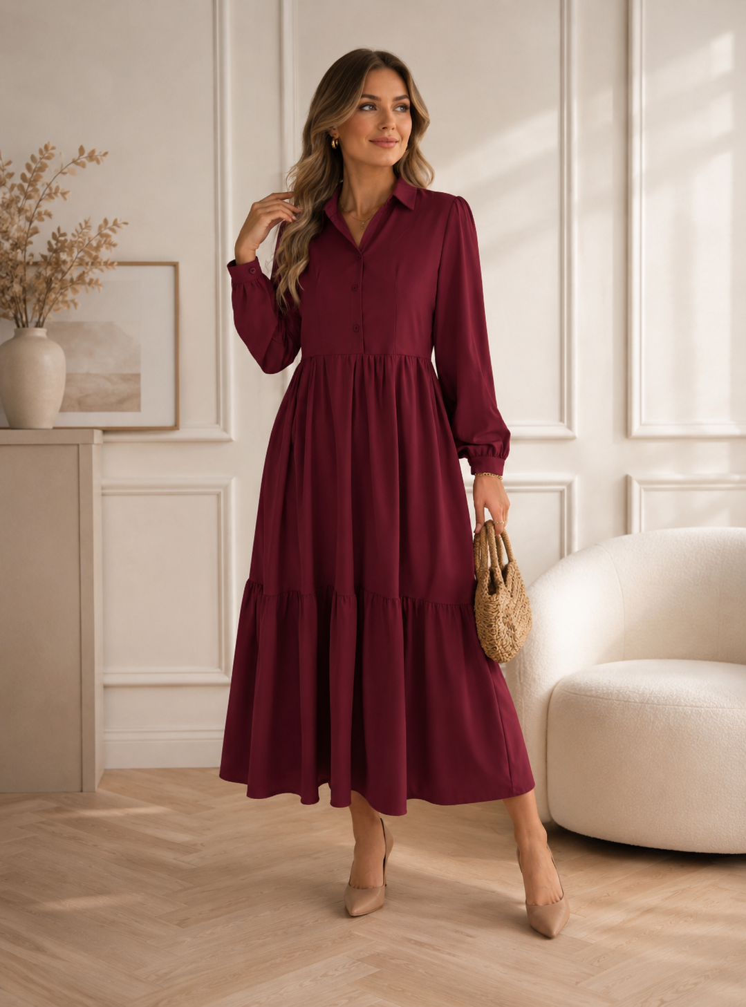 Vestido Blusa Manga Larga Volantes Solapa