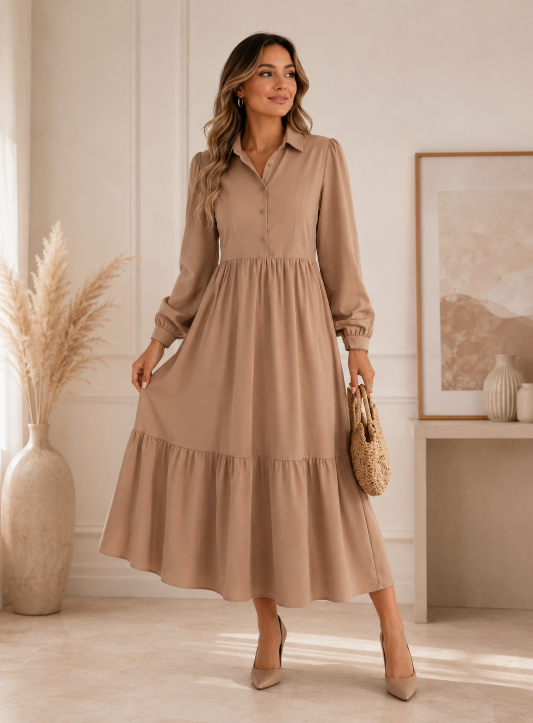 Vestido Blusa Manga Larga Volantes Solapa
