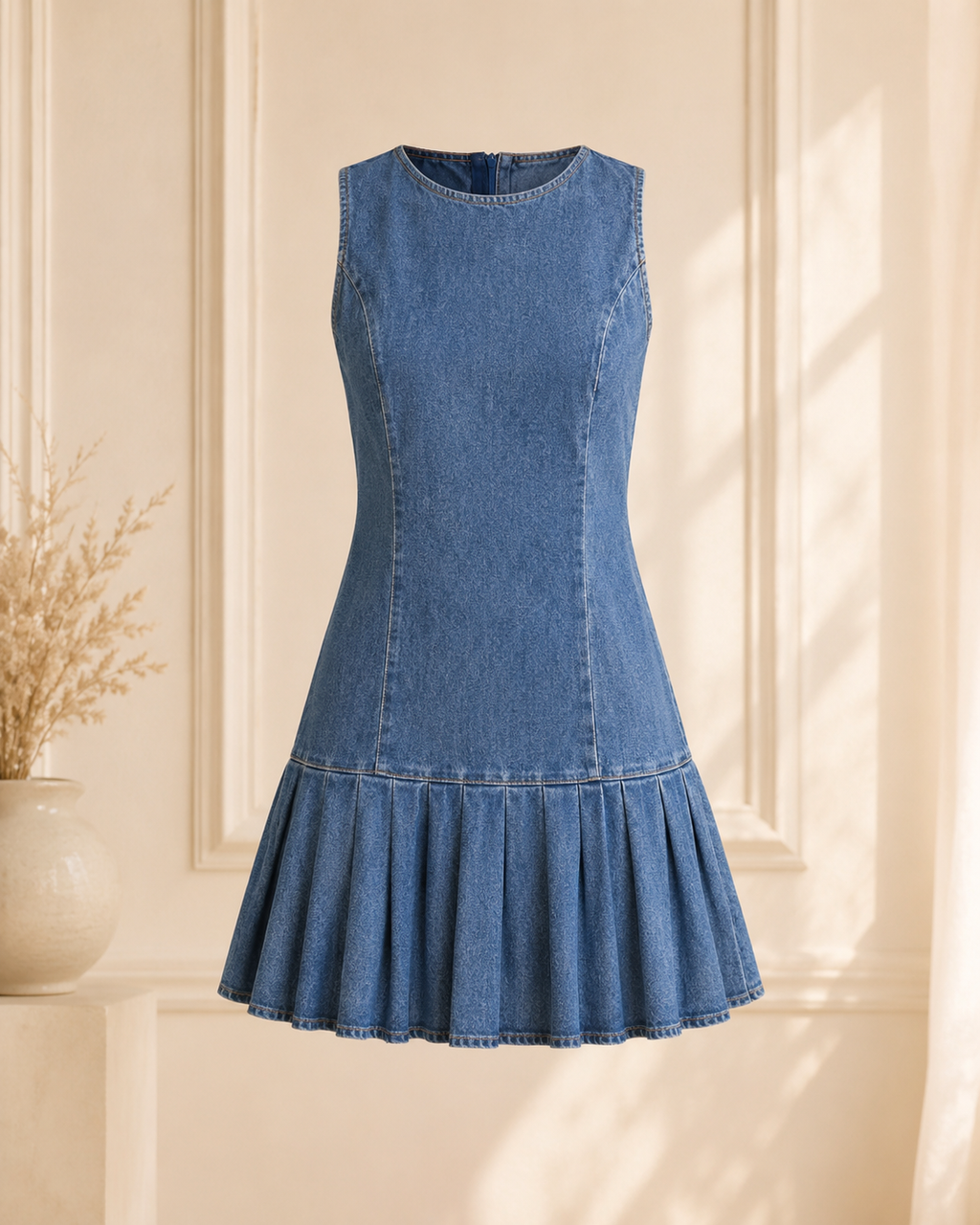 Vestido Denim Sin Mangas Plisado Cintura