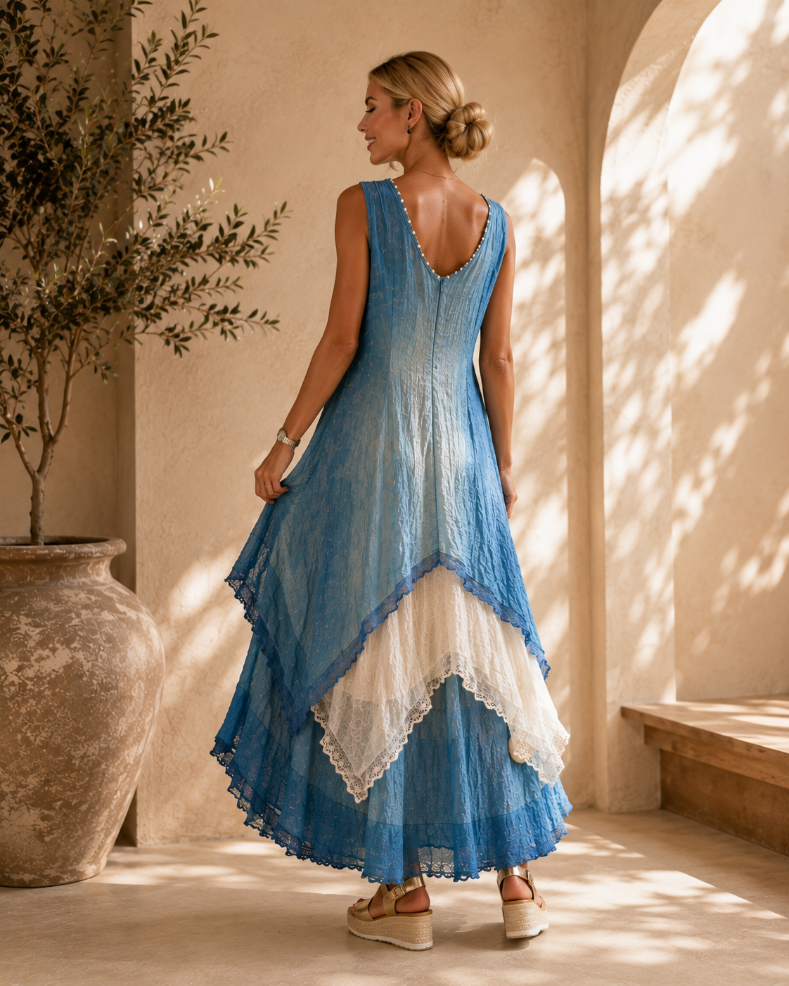 Vestido Lino Sin Mangas Floral Vintage