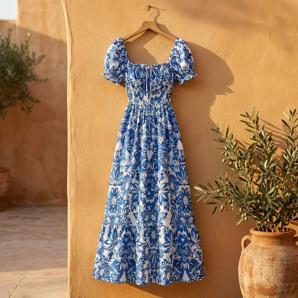 Vestido Azul Elegante con Mangas Burbuja y Estampado Floral