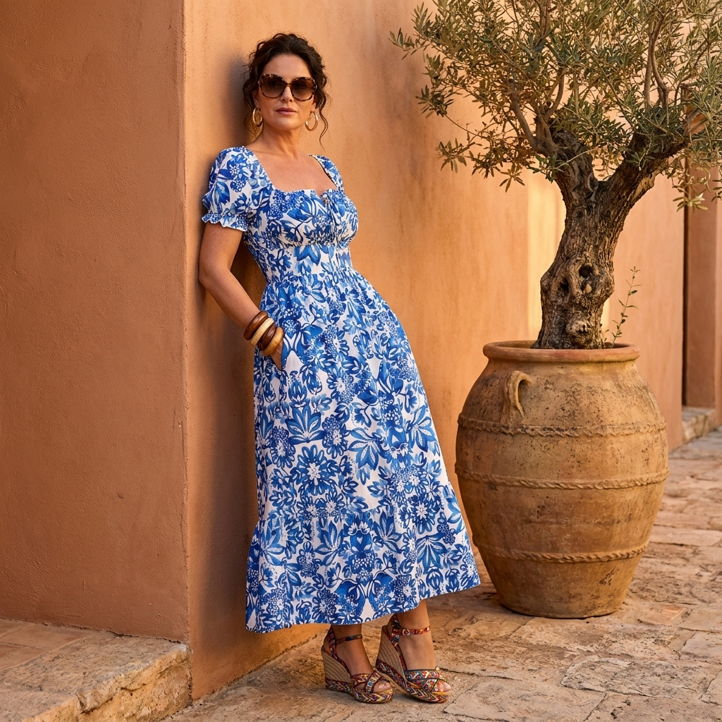 Vestido Azul Elegante con Mangas Burbuja y Estampado Floral