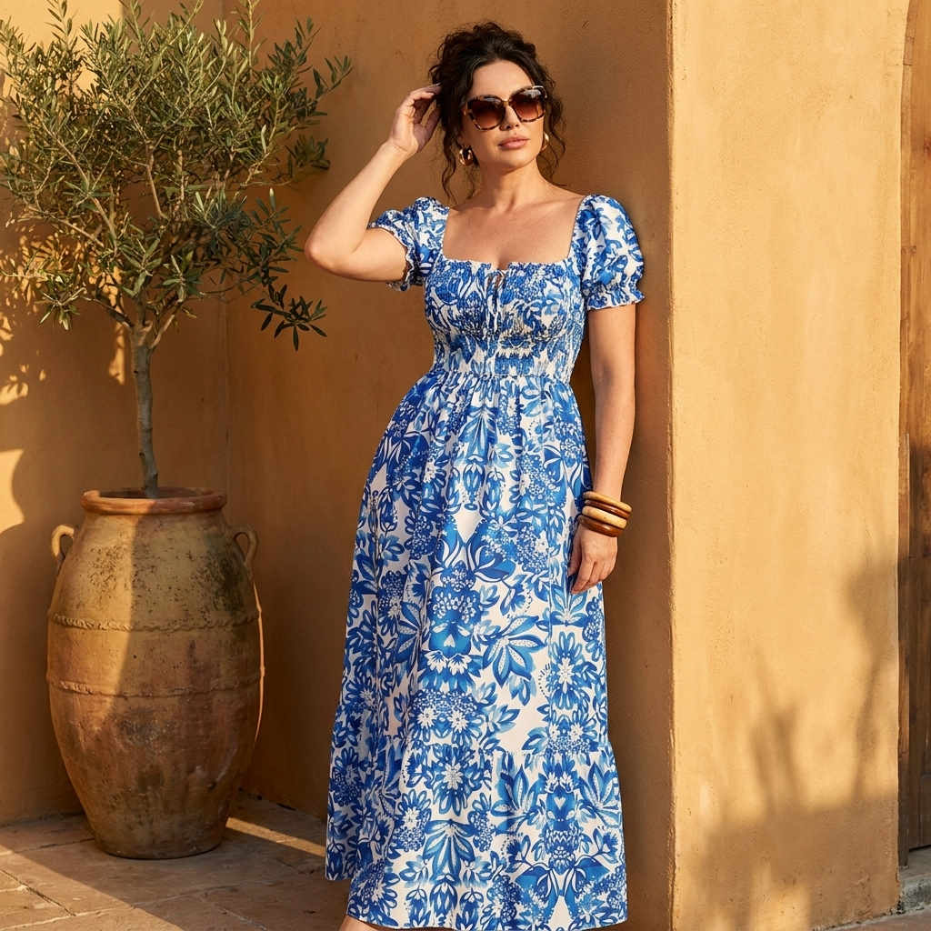 Vestido Azul Elegante con Mangas Burbuja y Estampado Floral