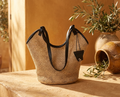 Bolso Tote Paja Tejida Correas Cuero Mujer