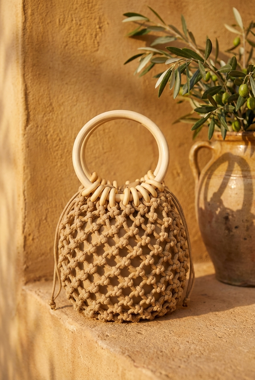 Bolso Cesta Tejido Lino Asas Bambu Estilo Coreano Mujer