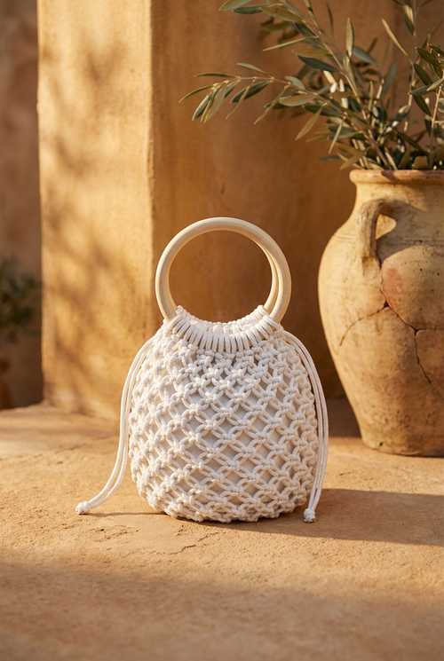 Bolso Cesta Tejido Lino Asas Bambu Estilo Coreano Mujer