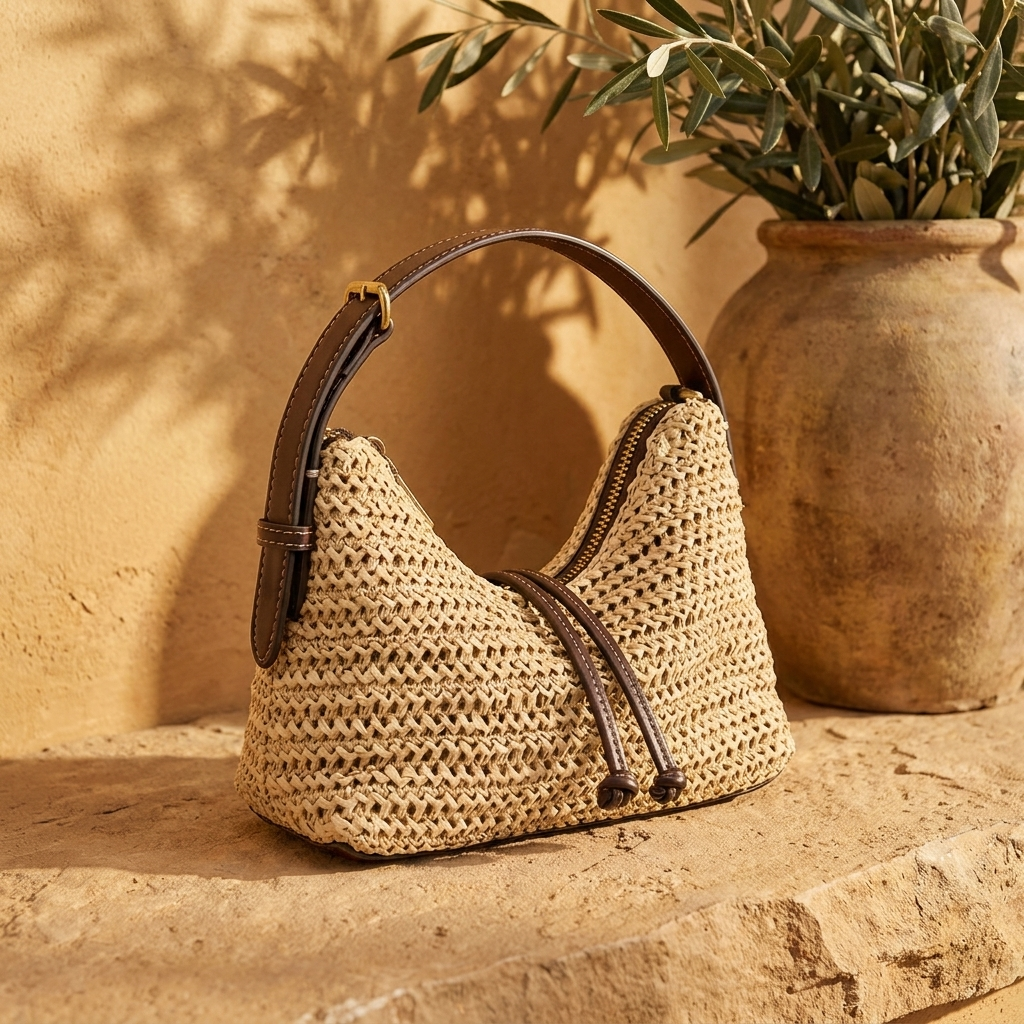 Bolso Hobo Paja Tejida Asas Cuero Estilo Bohemio Mujer