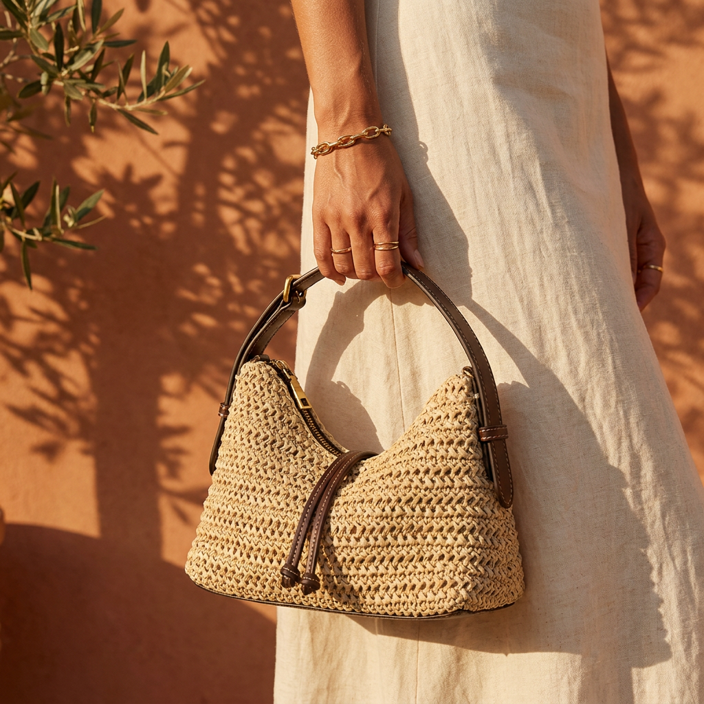 Bolso Hobo Paja Tejida Asas Cuero Estilo Bohemio Mujer