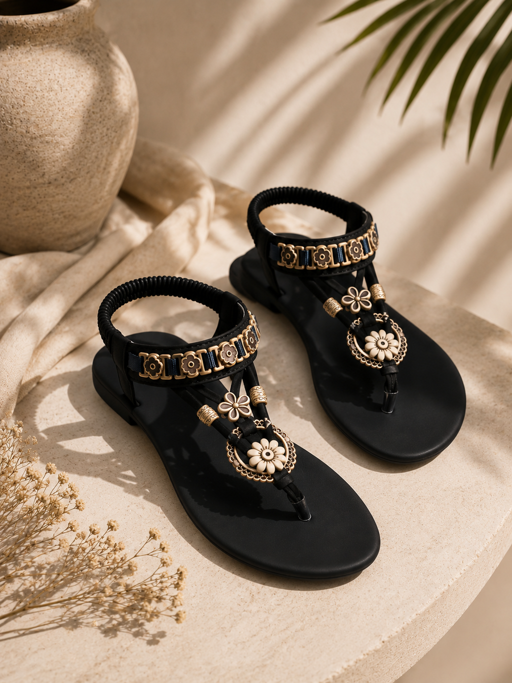 Sandalias Planas Elasticas Bohemias Clip Dedo Flor Dorada Mujer