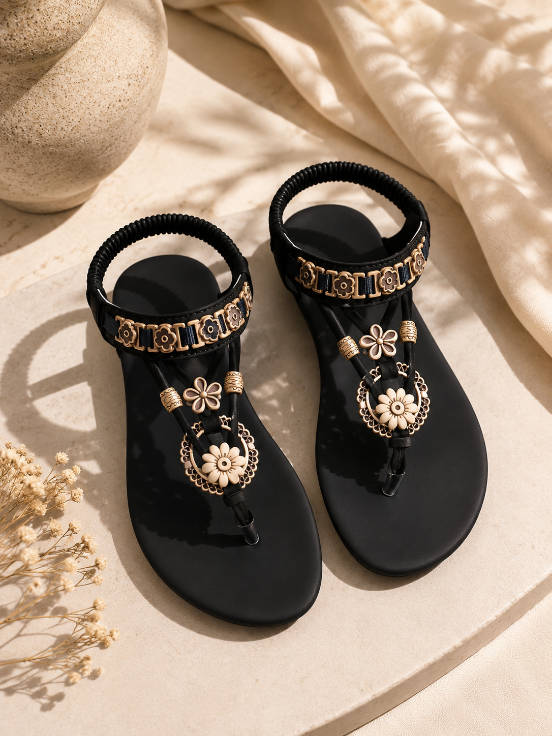 Sandalias Planas Elasticas Bohemias Clip Dedo Flor Dorada Mujer